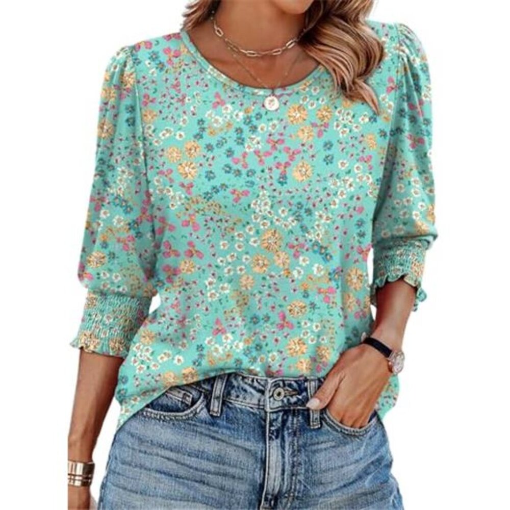Blouses for Women Dressy Casual 3/4 Length Sleeve Womens Tops with Smocked Cuff